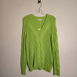 Pearl By Lela Rose Preppy Cable Knit V-Neck Sweater XS Pistachio Green NWT